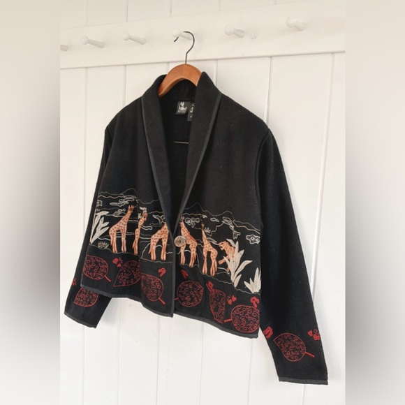 Ali Miles Embroidered Jacket Wool Animals Giraffes Artsy Art Teacher Unique - Picture 3 of 16
